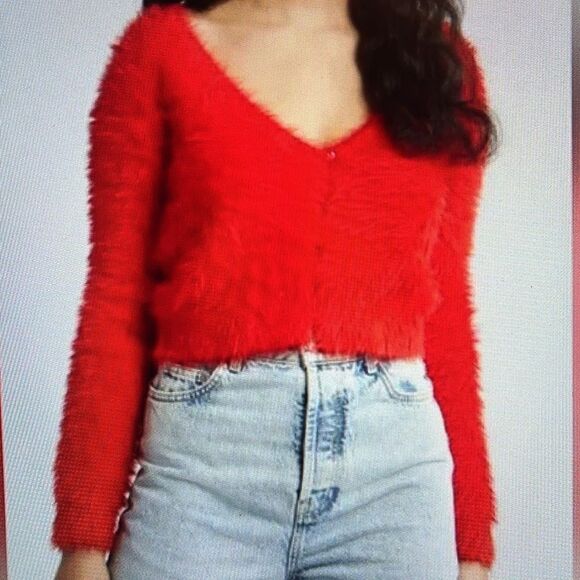 New! Open Edit Red Eyelash Knit Crop Cardigan Size Small NWT - Picture 1 of 15